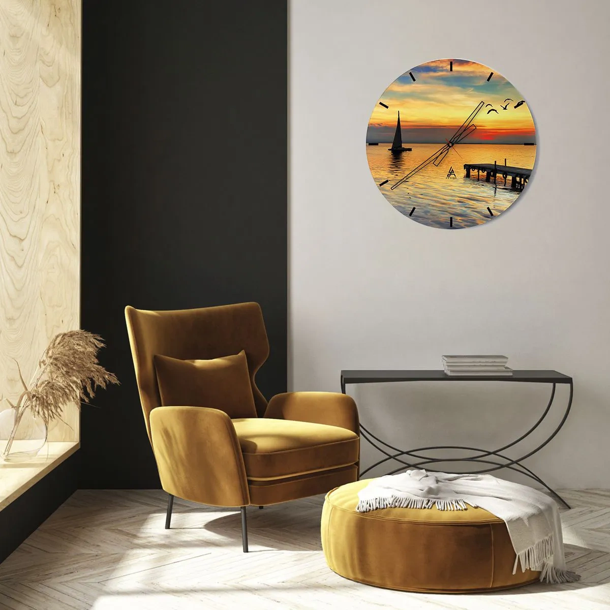 Nástenné hodiny - Jachta pri západe slnka s mólom a vtákmi - 30x30cm - Večerné návraty - Moderná nástenná dekorácia do obývacej izby, kuchyne a spálne ARTTOR