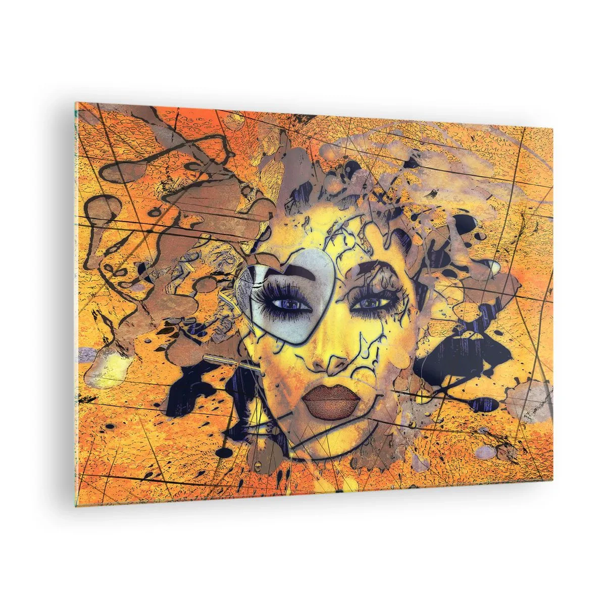 Obraz na skle - Abstraktná ženská tvár v zlatooranžových tónoch - 70x50cm - Slnečná krása - Moderná nástenná dekorácia do obývacej izby a spálne ARTTOR