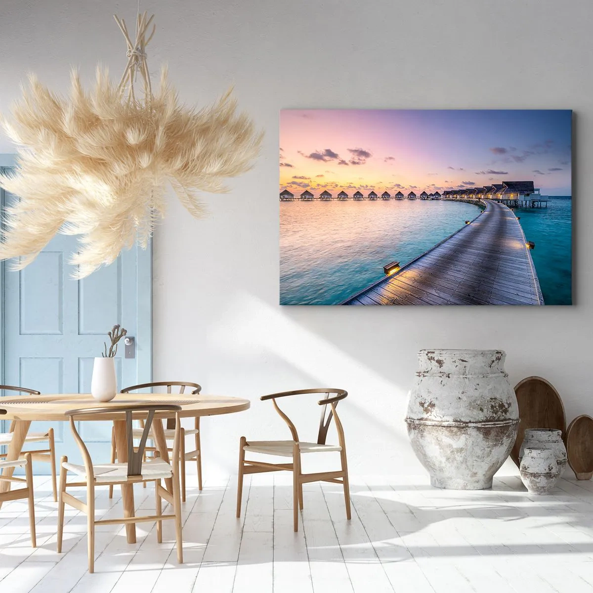 Obraz na plátne - Mólo vedúce k chatkám na nábreží pri západe slnka - 70x50cm - Prázdniny - návrat k prameňom - Moderná nástenná dekorácia do obývacej izby a spálne ARTTOR