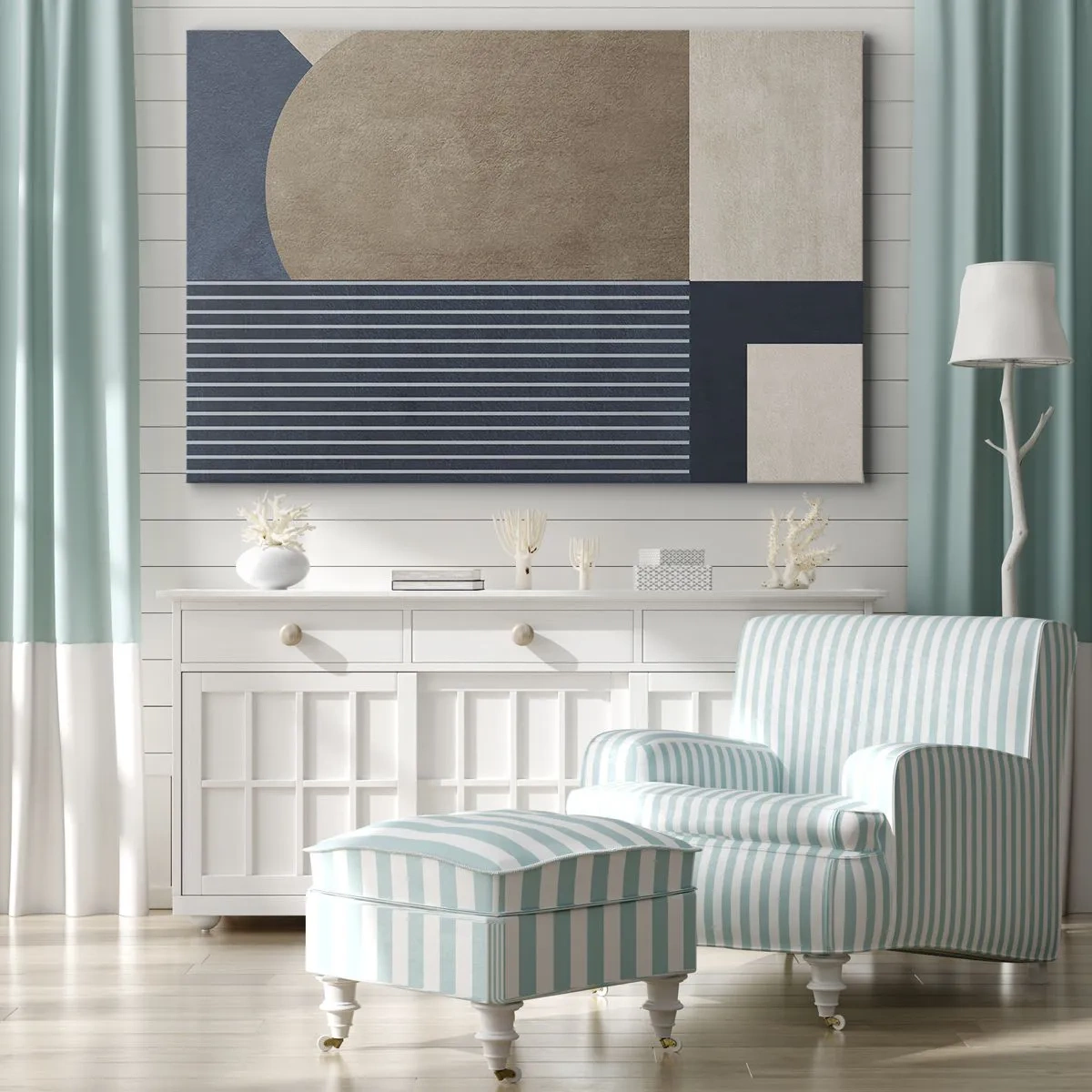 Obraz na plátne - Geometrické útvary v odtieňoch béžovej a tmavomodrej s čiarami - 70x50cm - Kompozícia jednoduchosti a guľatosti - Moderná nástenná dekorácia do obývacej izby a spálne ARTTOR