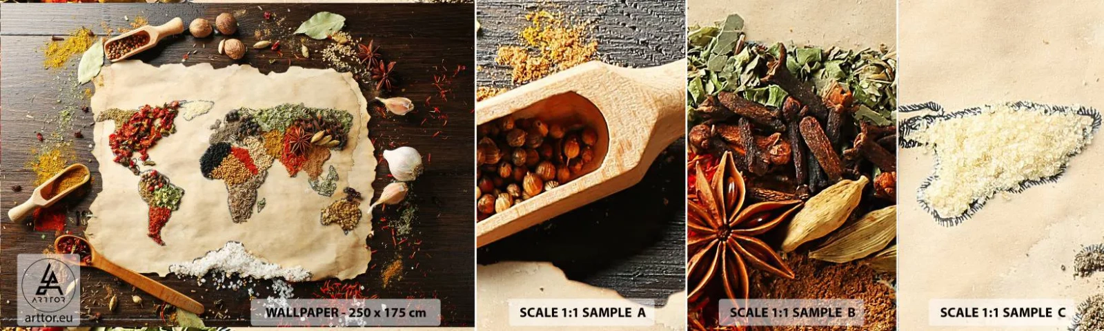 Vzorka samolepiacej fototapety Deluxe Sticker - Všetky chute sveta - Gastronómia, Mapa sveta, Sušené korenie - 100x30 cm
