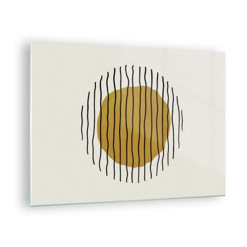 Obraz na skle - Minimalistická kompozícia so žltým kruhom a čiernymi čiarami. - 70x50cm - Abstrakcia kmitajúca žiarom - Moderná nástenná dekorácia do obývacej izby a spálne ARTTOR
