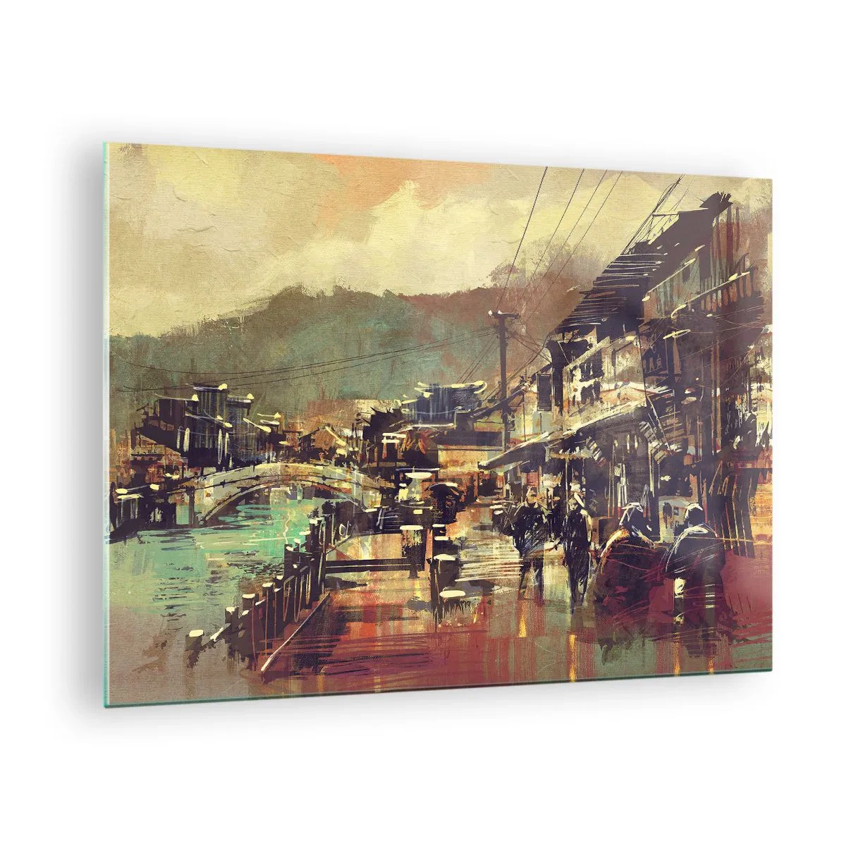 Obraz na skle - Ulica v maliarskom štýle s motívom mosta a kanála. - 70x50cm - Život ako bohatstvo šedej - Moderná nástenná dekorácia do obývacej izby a spálne ARTTOR