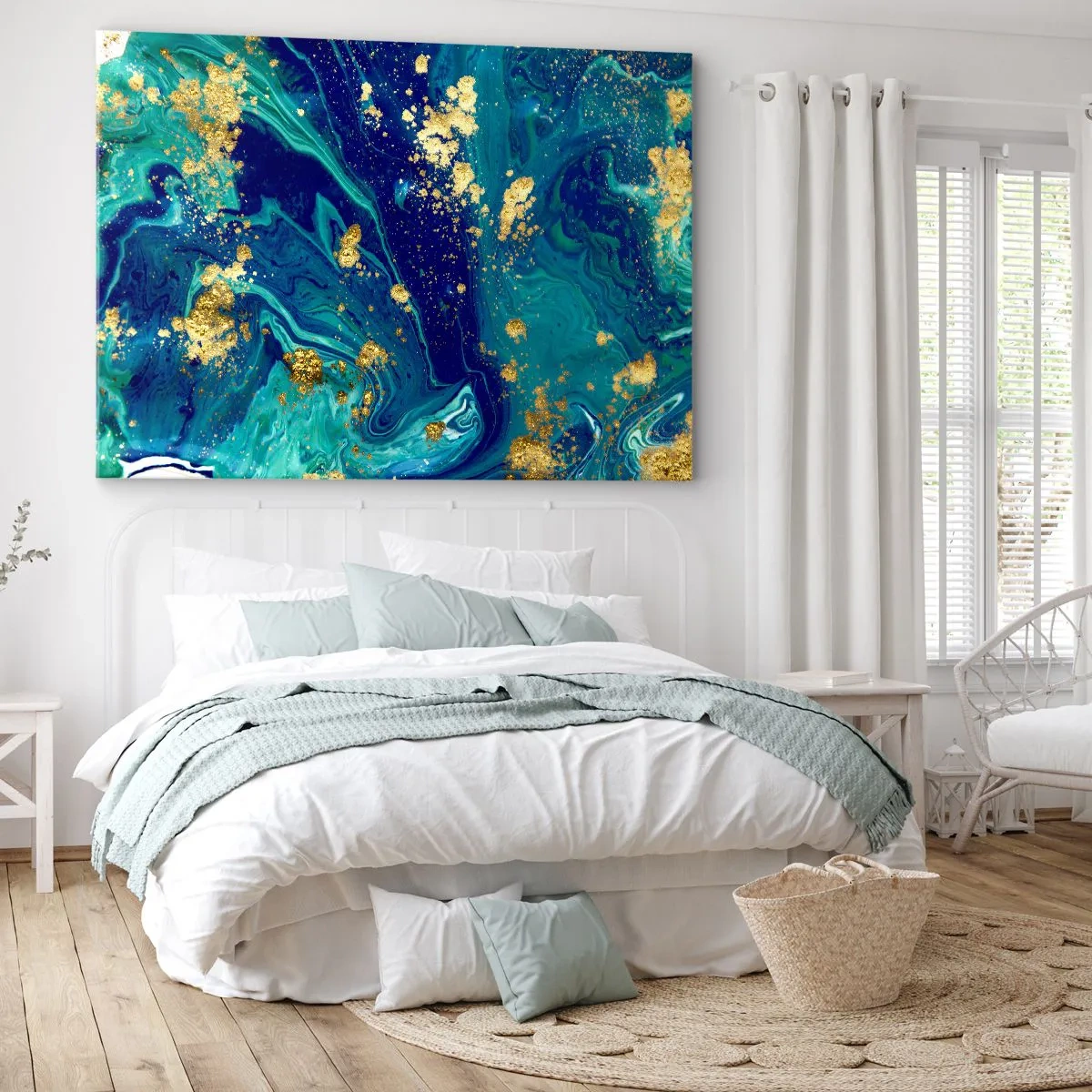Obraz na plátne - Abstraktná kompozícia s modrými, zelenými a zlatými akcentmi. - 70x50cm - Plátky slnka - Moderná nástenná dekorácia do obývacej izby a spálne ARTTOR