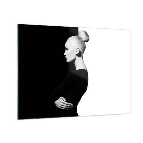 Obraz na skle - Čiernobiely portrét ženy v elegantnom drdole - 70x50cm - Proste žena - Moderná nástenná dekorácia do obývacej izby a spálne ARTTOR
