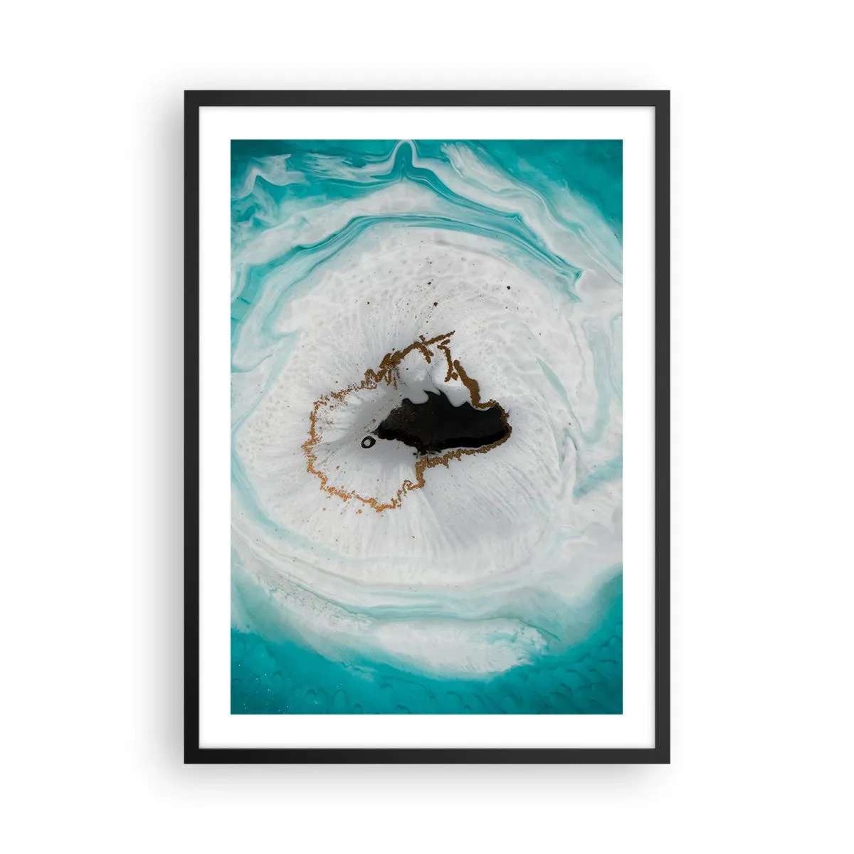 Plagát v čiernom ráme - Abstraktný motív v tyrkysových a bielych odtieňoch so zlatým nádychom - 50x70cm - Preniknúť dovnútra - Moderná nástenná dekorácia do obývacej izby a spálne ARTTOR
