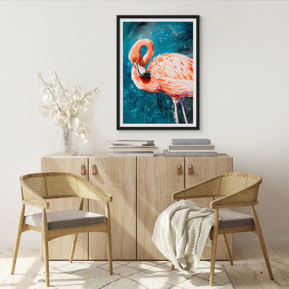 Plagát v čiernom ráme - Akvarelový plameniak na tyrkysovom vodnom pozadí - 50x70cm - Dekoratívne od prírody - Moderná nástenná dekorácia do obývacej izby a spálne ARTTOR
