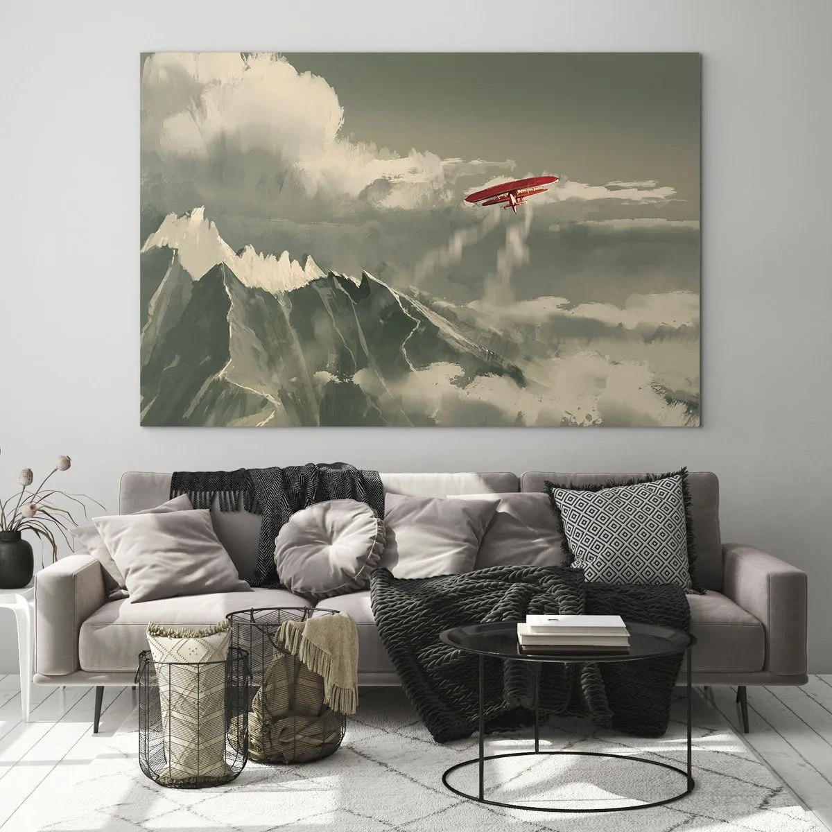 Obraz na skle - Červené lietadlo letiace nad zasneženými horami - 70x50cm - Nebojácny priekopník - Moderná nástenná dekorácia do obývacej izby a spálne ARTTOR