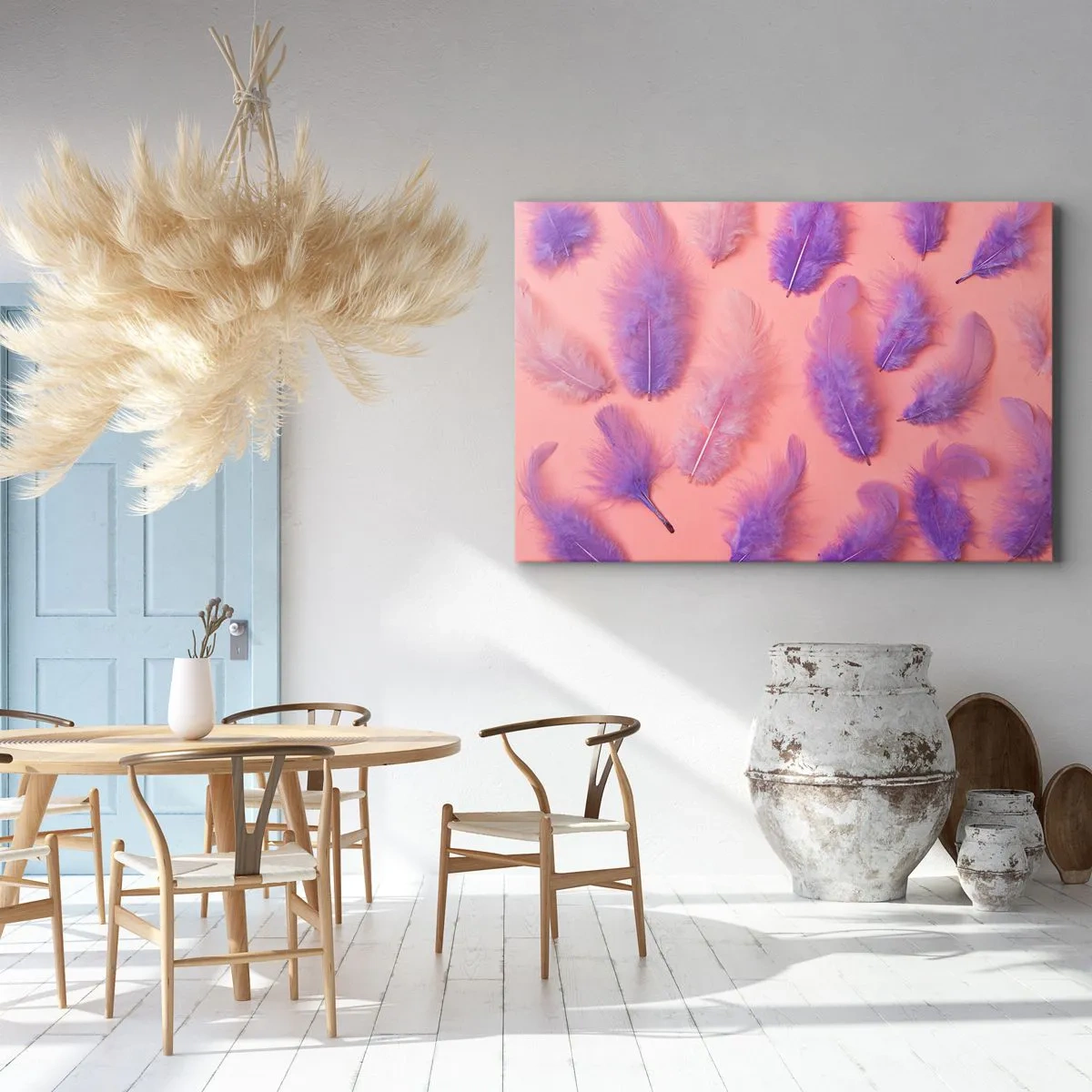 Obraz na plátne - Fialové a ružové perie na pastelovom pozadí - 70x50cm - Ľaliový vták túžby - Moderná nástenná dekorácia do obývacej izby a spálne ARTTOR