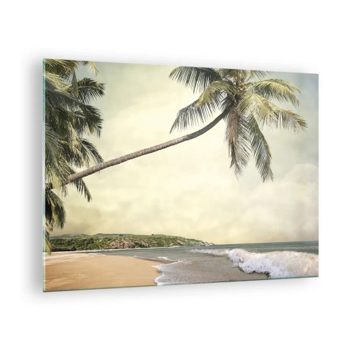 Obraz na skle - Tropická pláž s palmou a vlnami - 70x50cm - Tropický sen - Moderná nástenná dekorácia do obývacej izby a spálne ARTTOR