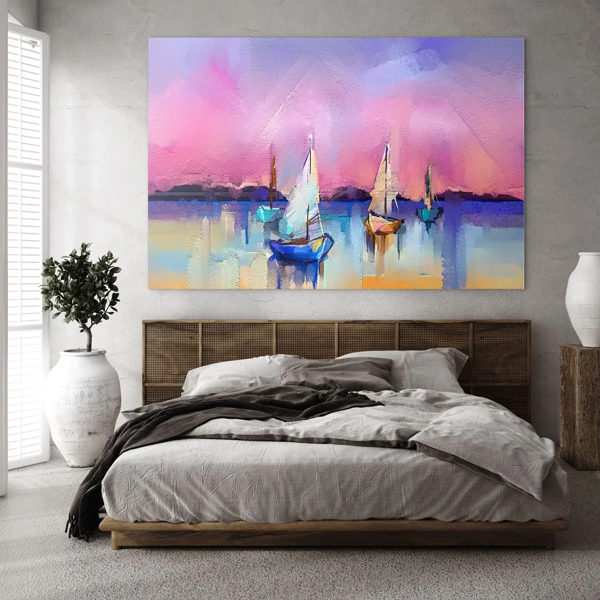 Obraz na skle - Abstraktný prístav s plachetnicami pri západe slnka - 70x50cm - Smer: široká voda - Moderná nástenná dekorácia do obývacej izby a spálne ARTTOR