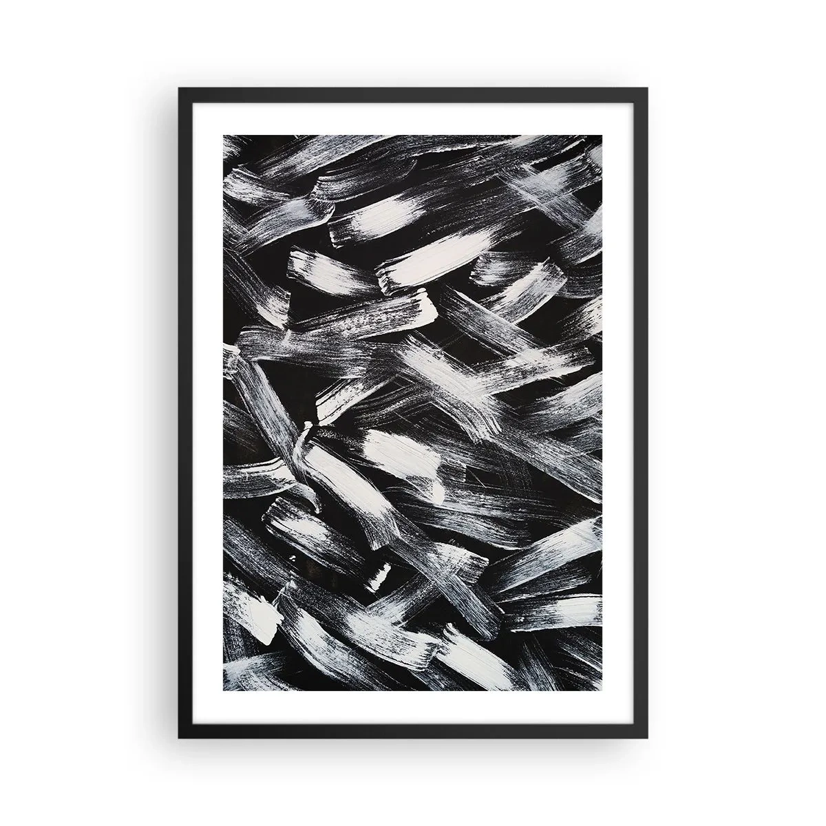 Plagát v čiernom ráme - Abstraktné ťahy bieleho štetca na čiernom pozadí - 50x70cm - Abstrakcia v industriálnom duchu - Moderná nástenná dekorácia do obývacej izby a spálne ARTTOR