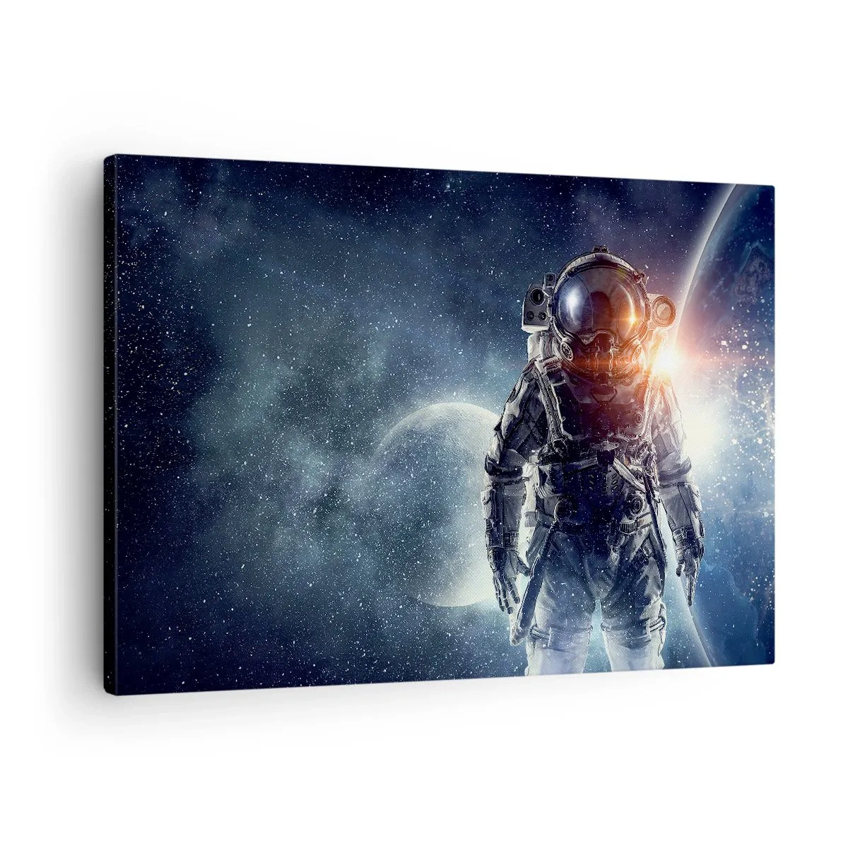 Obraz na plátne - Astronaut na pozadí vesmíru a planéty Zem - 70x50cm - Vesmírne dobrodružstvo - Moderná nástenná dekorácia do obývacej izby a spálne ARTTOR