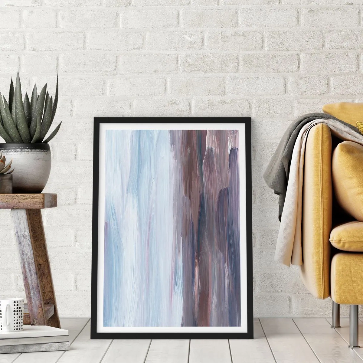 Plagát v čiernom ráme - Abstraktné ťahy štetcom v odtieňoch modrej a hnedej - 50x70cm - Živly: voda - Moderná nástenná dekorácia do obývacej izby a spálne ARTTOR