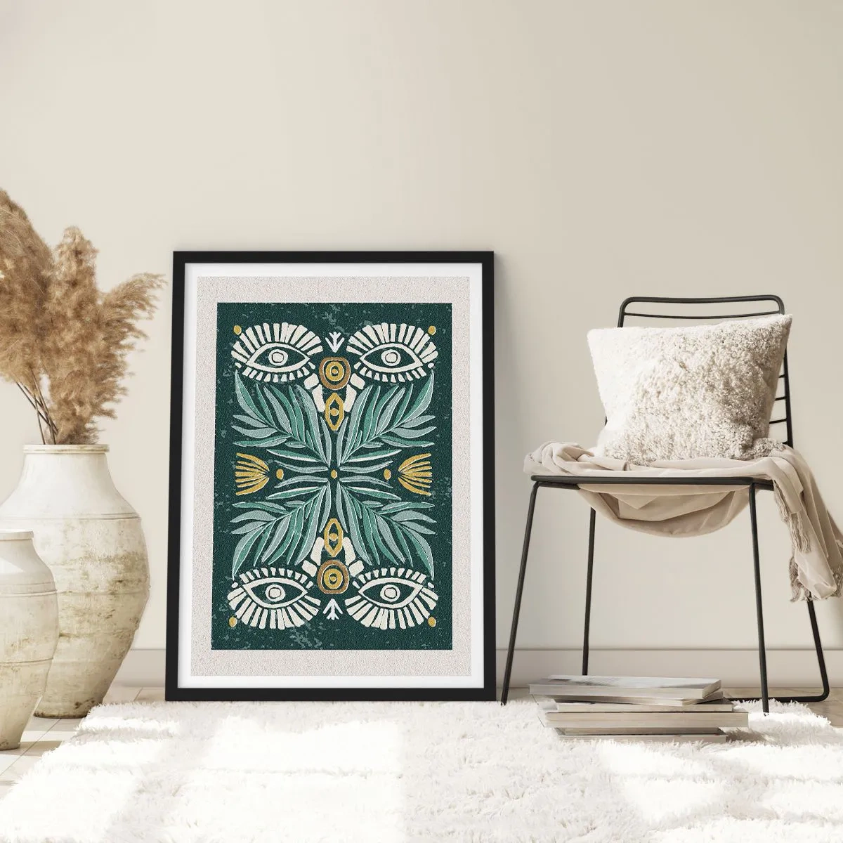 Plagát v čiernom ráme - Symetrický vzor s listami a očami na tmavom pozadí - 50x70cm - Ako ľudová vystrihovačka - Moderná nástenná dekorácia do obývacej izby a spálne ARTTOR