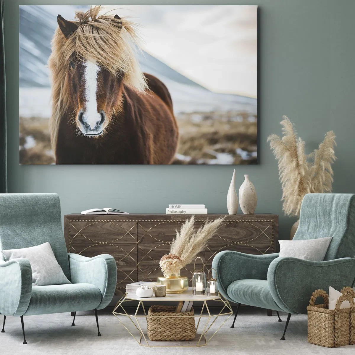 Obraz na plátne - Islandský kôň na pozadí horskej krajiny - 70x50cm - Cítiš slobodu? - Moderná nástenná dekorácia do obývacej izby a spálne ARTTOR