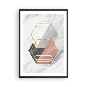 Plagát v čiernom ráme - Geometrické šesťuholníky na mramorovom pozadí - 50x70cm - Reťazová kompozícia - Moderná nástenná dekorácia do obývacej izby a spálne ARTTOR