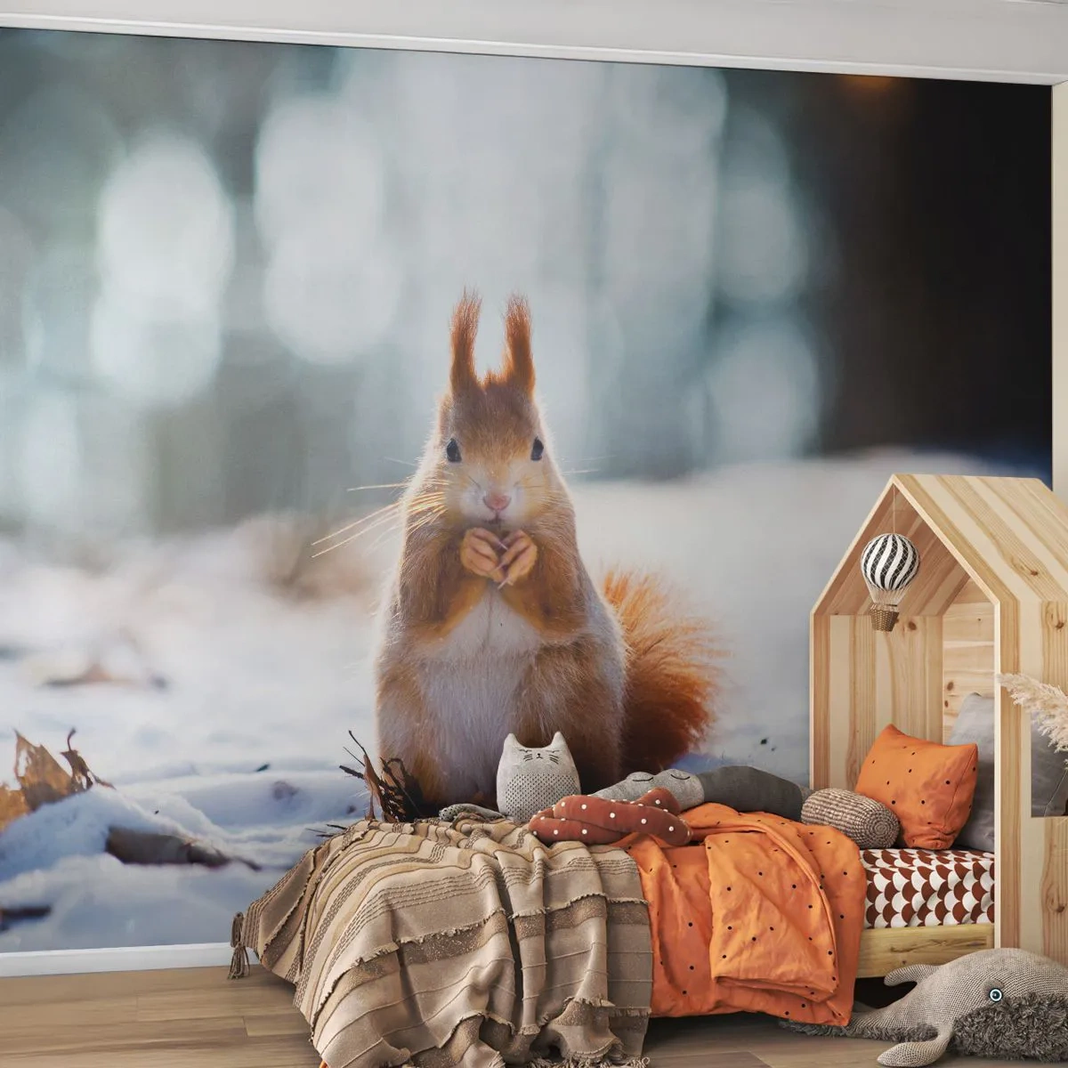 Samolepiaca Fototapeta Deluxe Sticker - Čo sa tak pozeráš? - Zvieratá, Veverička, Zima - 250x175 cm