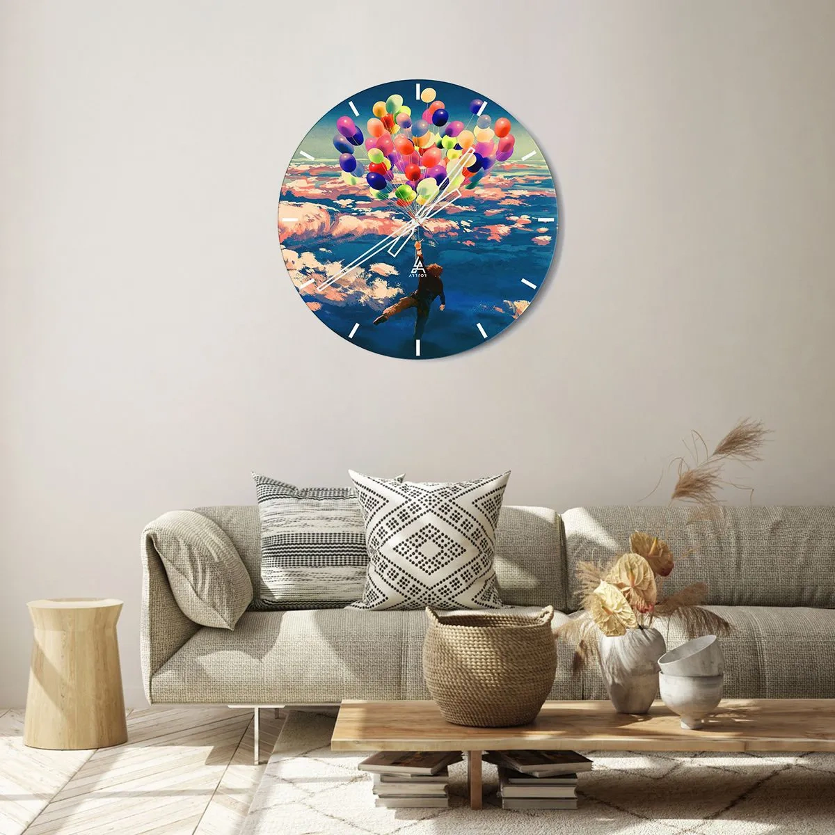 Nástenné hodiny - Postava vznášajúca sa vo vzduchu s farebnými balónikmi - 30x30cm - Splnené sny detstva - Moderná nástenná dekorácia do obývacej izby, kuchyne a spálne ARTTOR