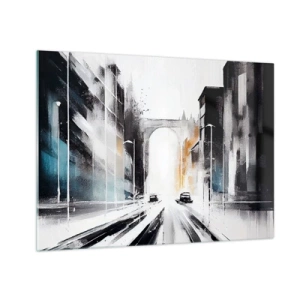 Obraz na skle - Dynamická mestská ulica s autami a oblúkom v pozadí v maliarskom štýle. - 70x50cm - Štúdia mesta: architektúra a pohyb - Moderná nástenná dekorácia do obývacej izby a spálne ARTTOR