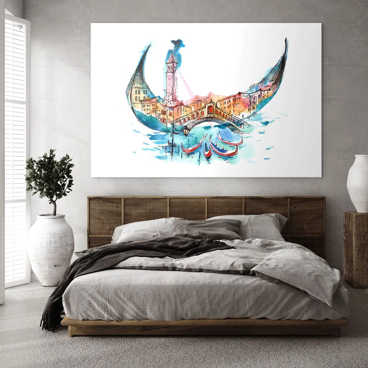Obraz na skle - Akvarelová panoráma Benátok vo forme masky - 70x50cm - Plávame mestom - Moderná nástenná dekorácia do obývacej izby a spálne ARTTOR