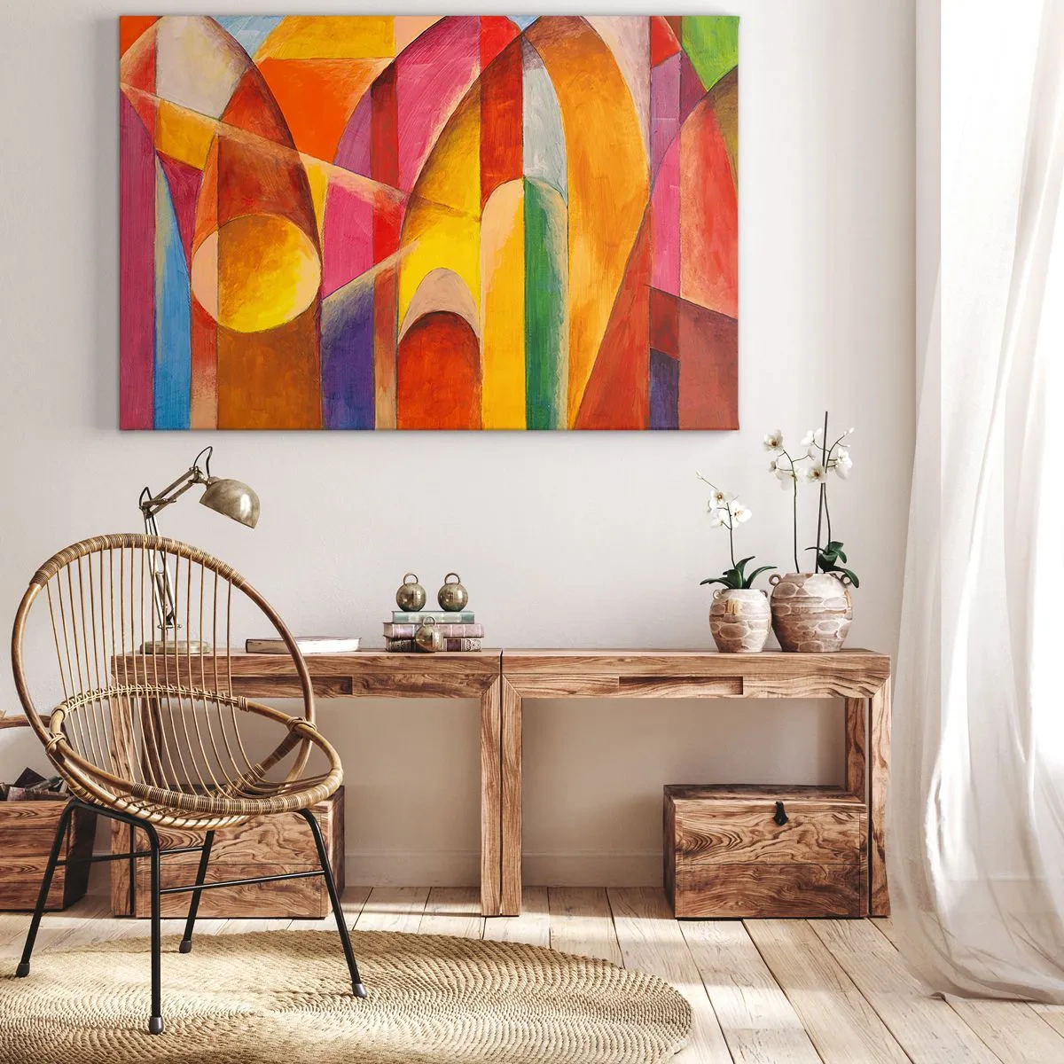 Obraz na plátne - Abstraktná kompozícia plná farebných geometrických tvarov. - 70x50cm - Katedrála slnka - Moderná nástenná dekorácia do obývacej izby a spálne ARTTOR