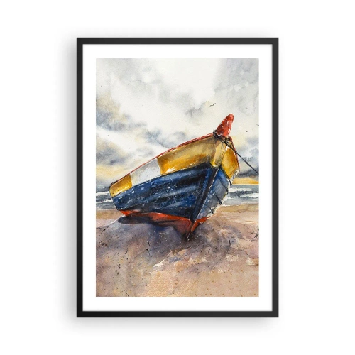 Plagát v čiernom ráme - Akvarelová loďka na pláži pri západe slnka - 50x70cm - Odpočinok na brehu - Moderná nástenná dekorácia do obývacej izby a spálne ARTTOR