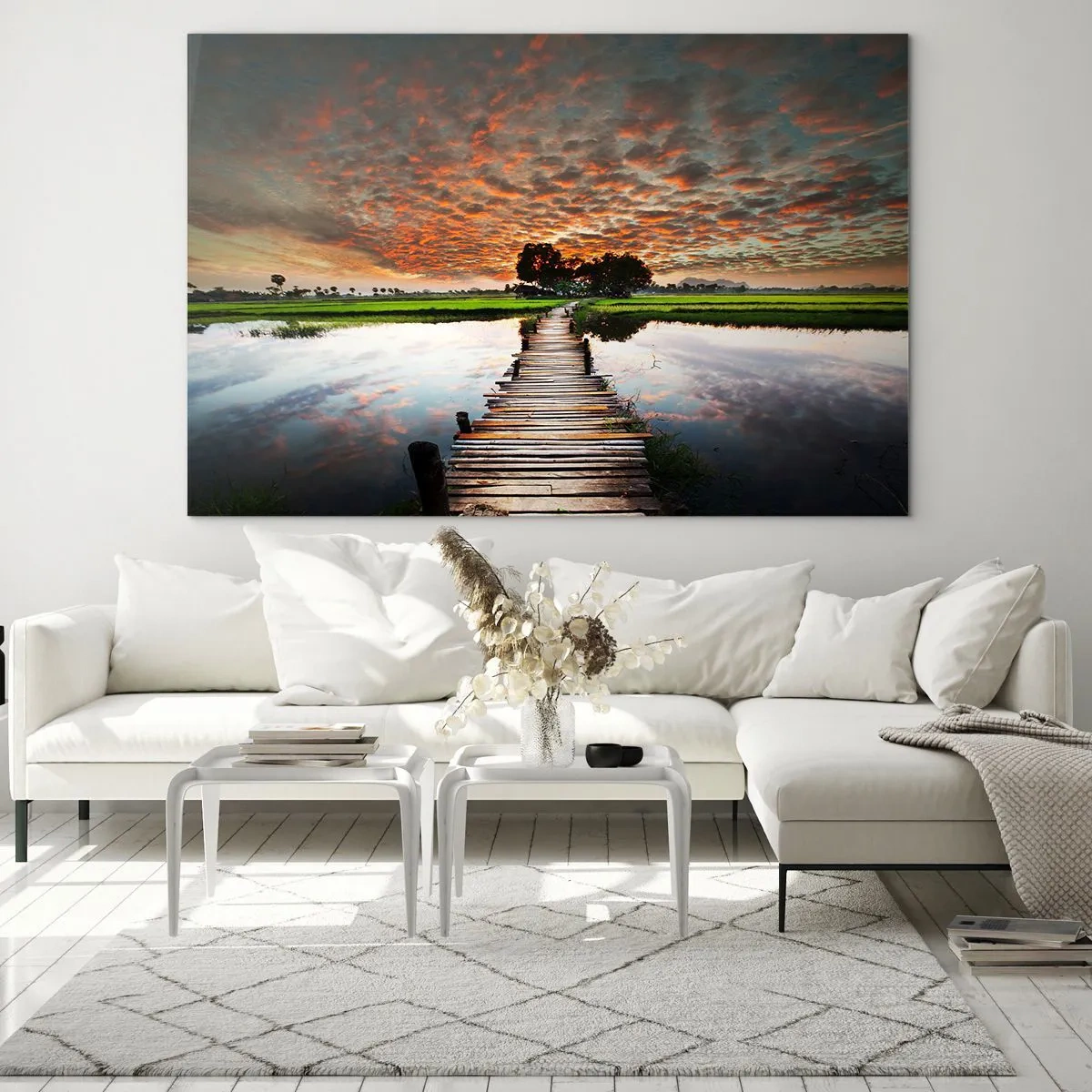 Obraz na skle - Drevený most cez rieku pri západe slnka - 70x50cm - Roztiahnite ruky - dýchajte  - Moderná nástenná dekorácia do obývacej izby a spálne ARTTOR