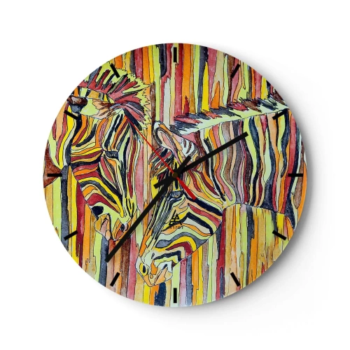 Nástenné hodiny - Abstraktné zobrazenie dvoch zebier na pozadí farebných pruhov. - 30x30cm - Takže ty tiež… - Moderná nástenná dekorácia do obývacej izby, kuchyne a spálne ARTTOR