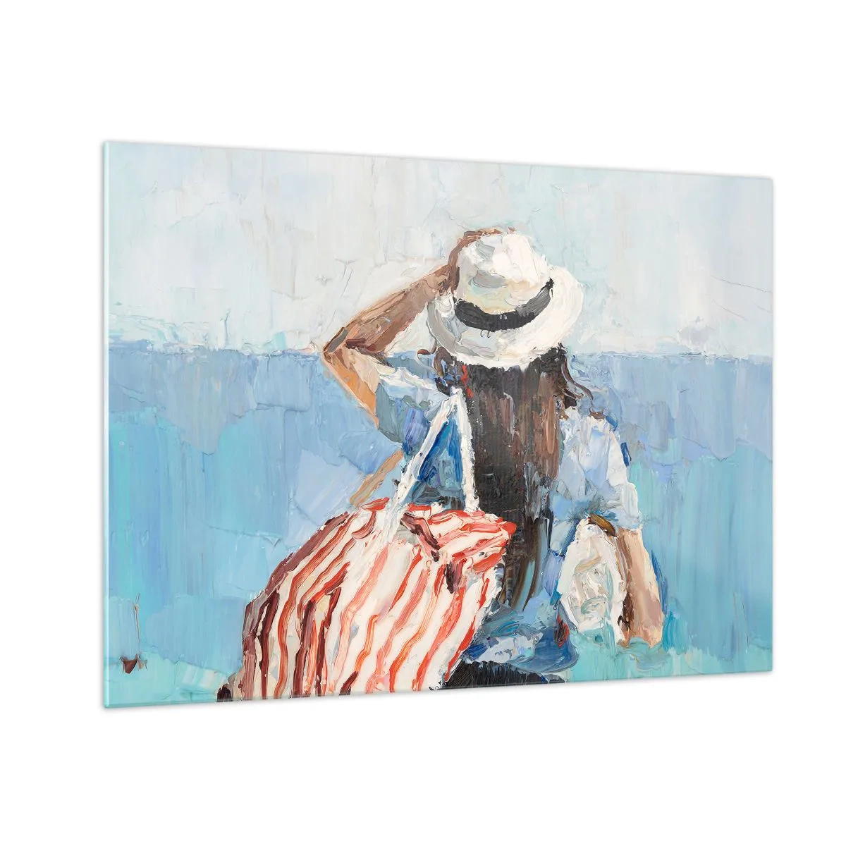 Obraz na skle - Žena s pruhovanou taškou s výhľadom na more za slnečného dňa. - 70x50cm - Vitaj na dovolenke - Moderná nástenná dekorácia do obývacej izby a spálne ARTTOR