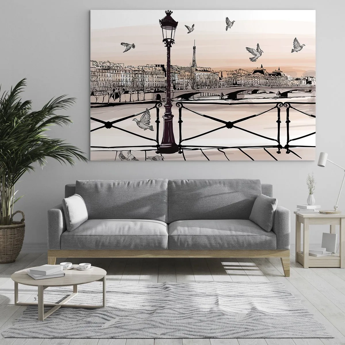 Obraz na skle - Ilustrácia parížskej ulice s výhľadom na Eiffelovu vežu za úsvitu - 70x50cm - Nad strechami Paríža - Moderná nástenná dekorácia do obývacej izby a spálne ARTTOR