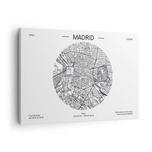 Obraz na plátne - Mapa Madridu v minimalistickom čiernobielom štýle - 70x50cm - Anatómia Madridu - Moderná nástenná dekorácia do obývacej izby a spálne ARTTOR