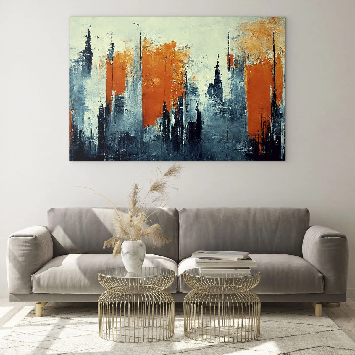 Obraz na skle - Moderná panoráma mesta v odtieňoch sivej a oranžovej - 70x50cm - Moderná krajina - Moderná nástenná dekorácia do obývacej izby a spálne ARTTOR
