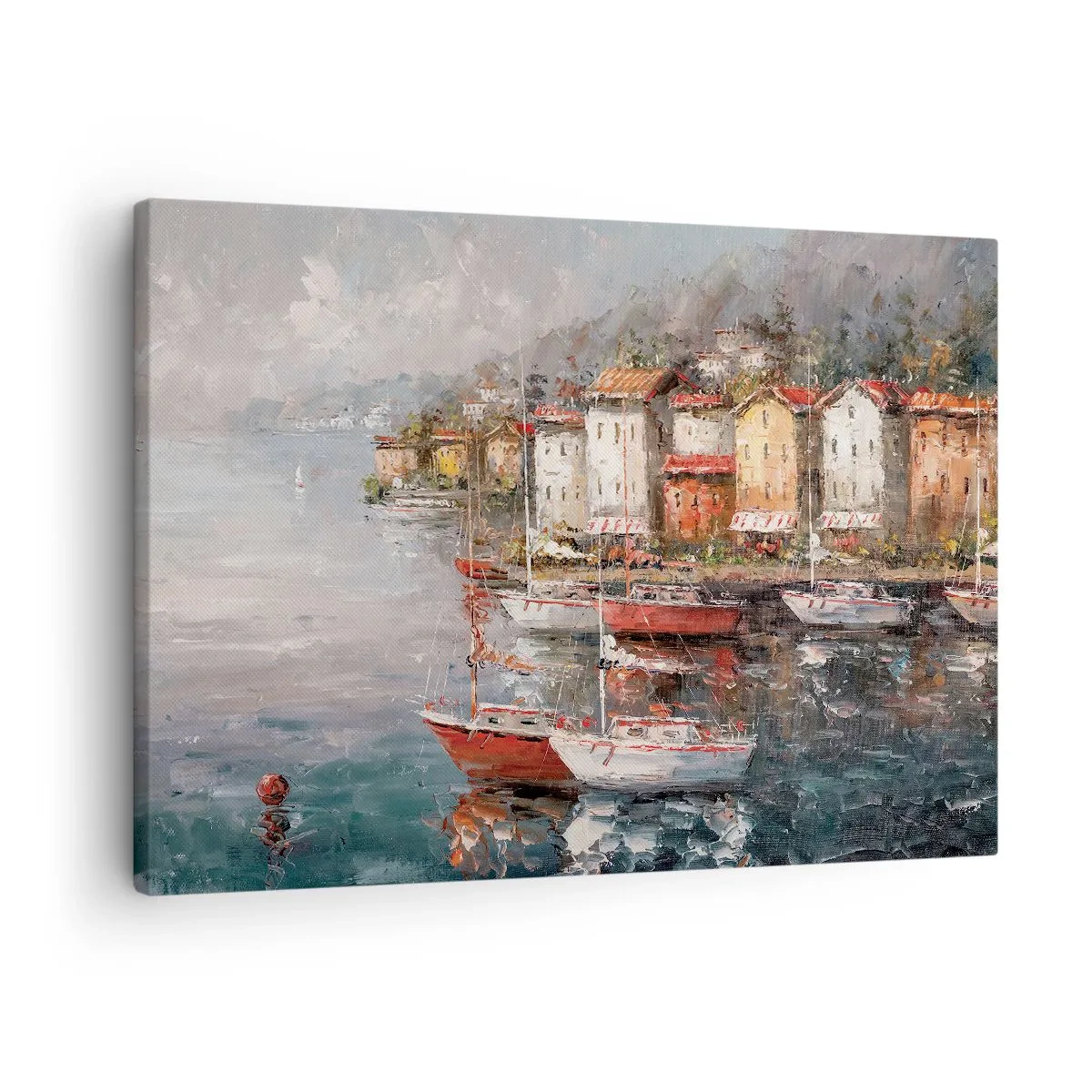 Obraz na plátne - Prímorská scenéria s loďkami a farebnými domami - 70x50cm - Romantický prístav - Moderná nástenná dekorácia do obývacej izby a spálne ARTTOR