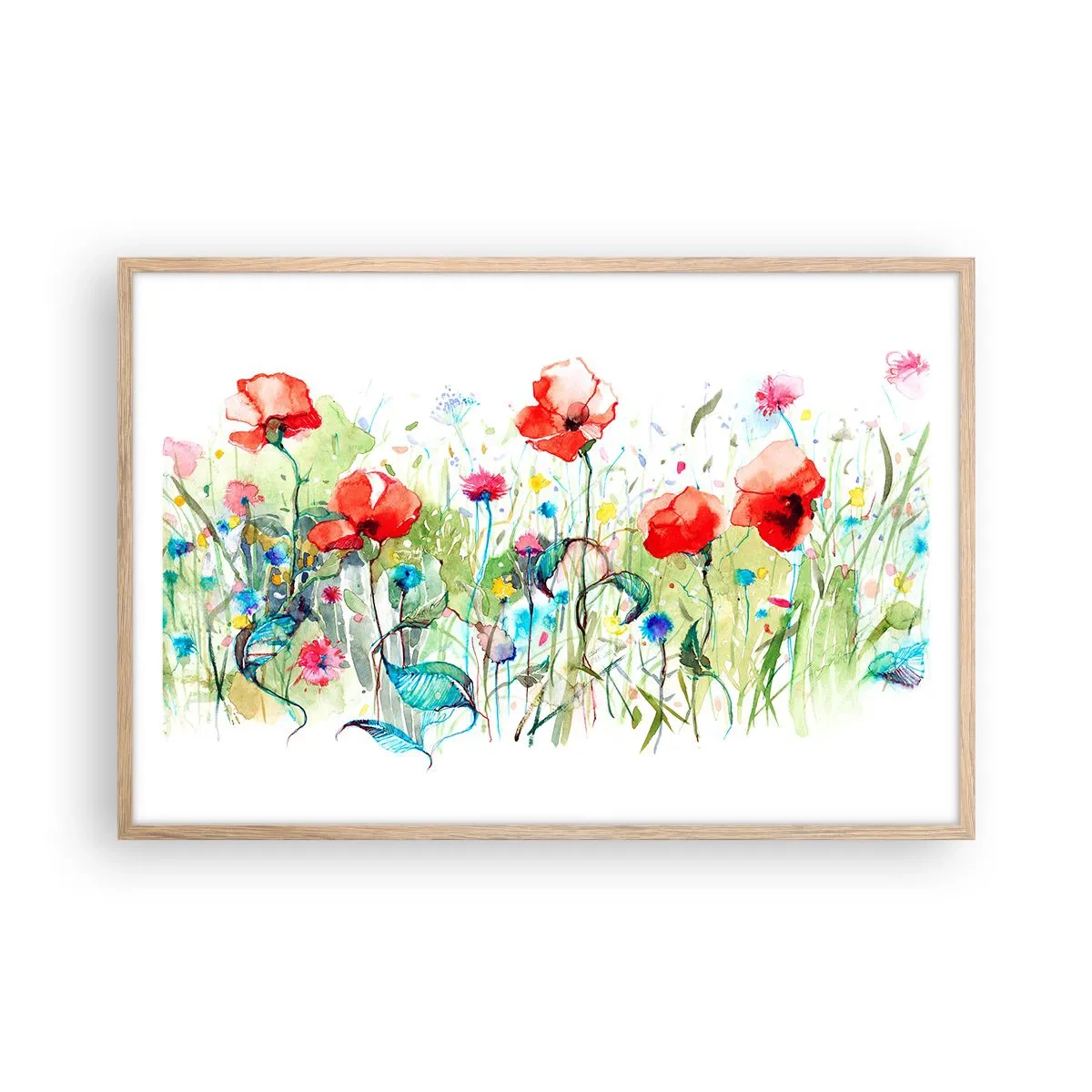 Plagát v ráme zo svetlého duba - Kvitnúca lúka v máji - 91x61 cm