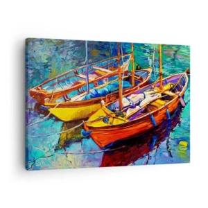 Obraz na plátne - Farebné lode na pokojnej vode - 70x50cm - Na vode hustej od farieb - Moderná nástenná dekorácia do obývacej izby a spálne ARTTOR