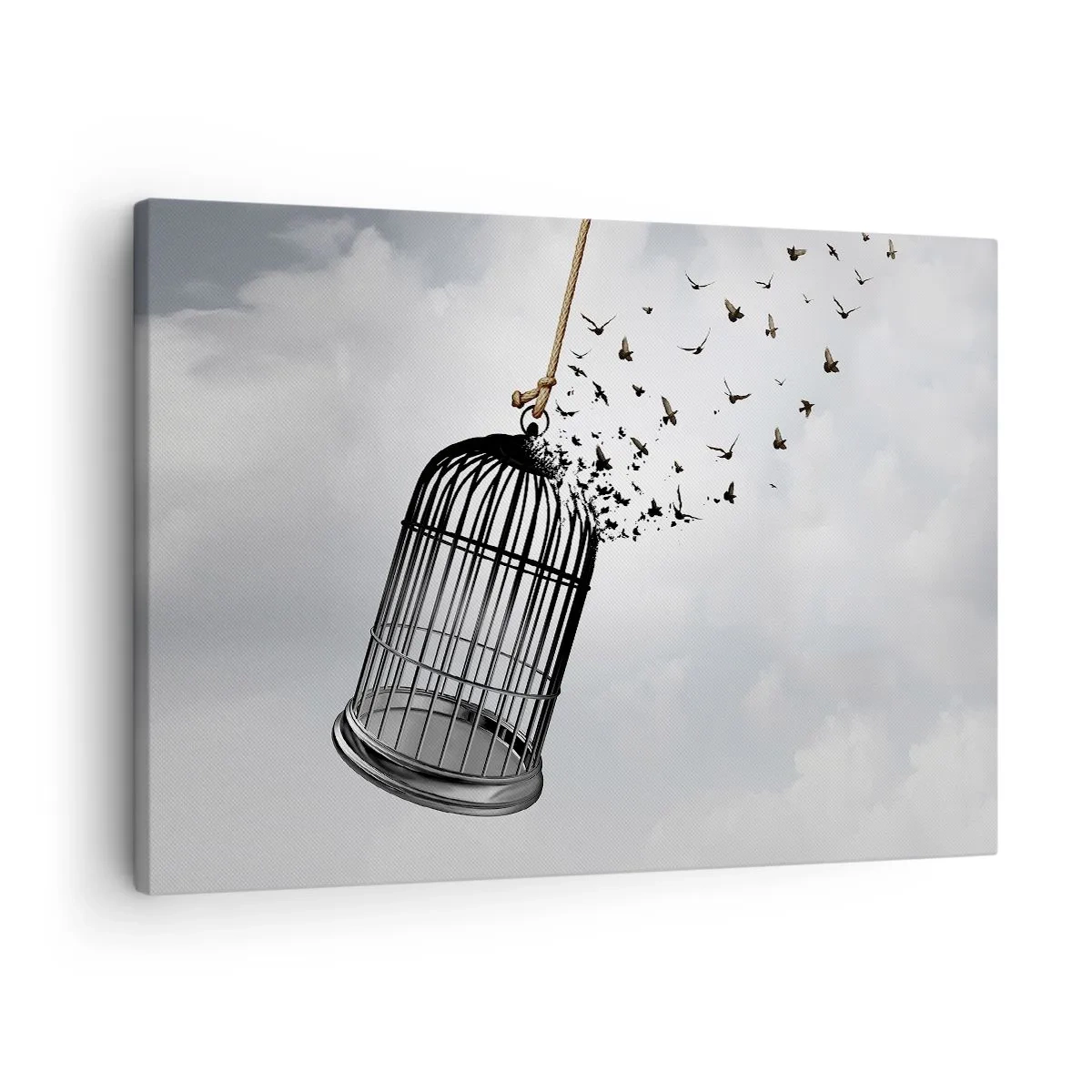 Obraz na plátne - Vtáky vylietajúce z klietky proti oblohe - 70x50cm - Viera… nádej… sloboda! - Moderná nástenná dekorácia do obývacej izby a spálne ARTTOR