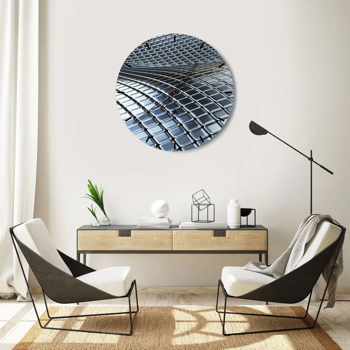 Nástenné hodiny - Futuristický povrch vyrobený z kovových panelov v striebornom odtieni - 30x30cm - Kovová strieborná vlna - Moderná nástenná dekorácia do obývacej izby, kuchyne a spálne ARTTOR