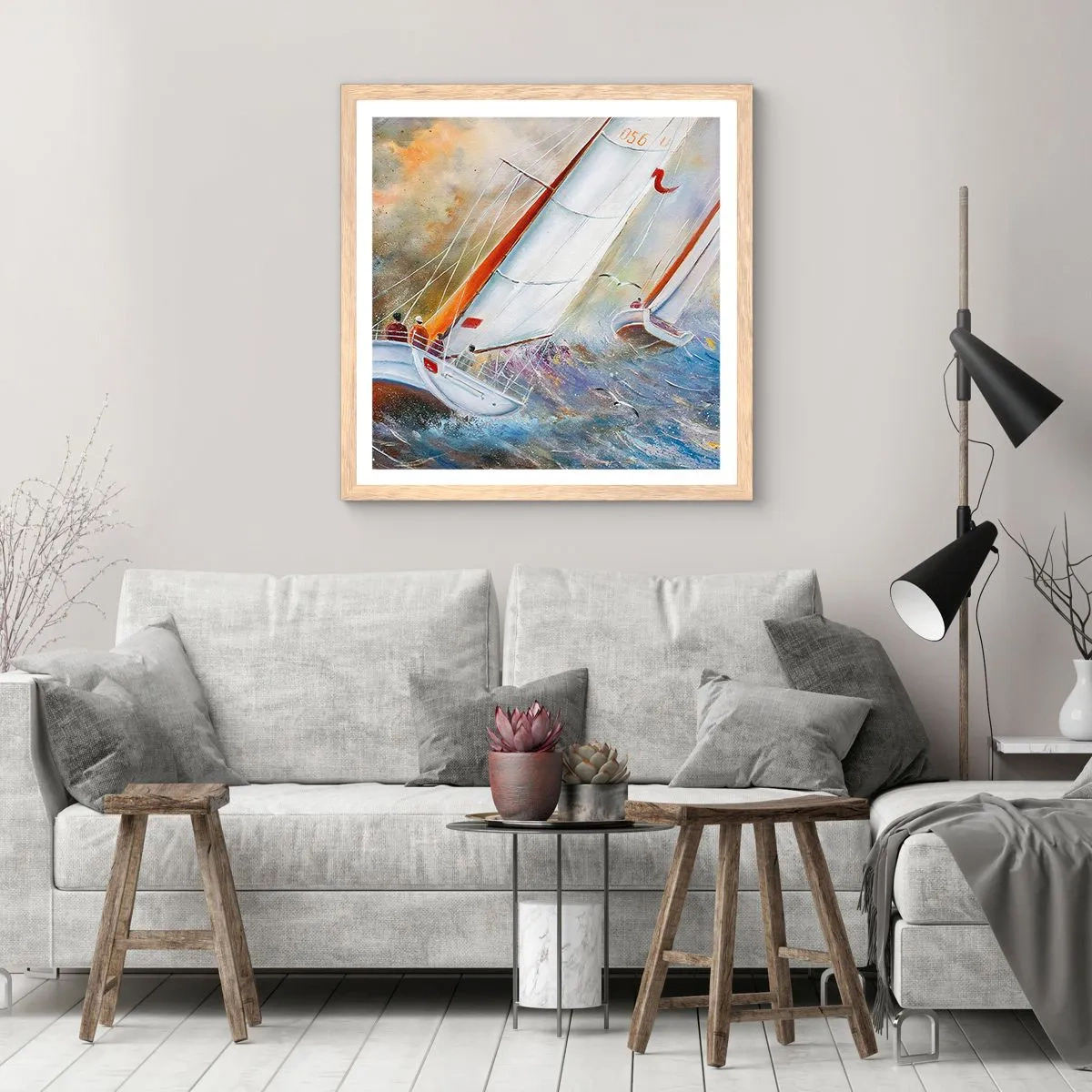 Plagát v ráme zo svetlého duba - Bežiace cez vlny - 30x30 cm