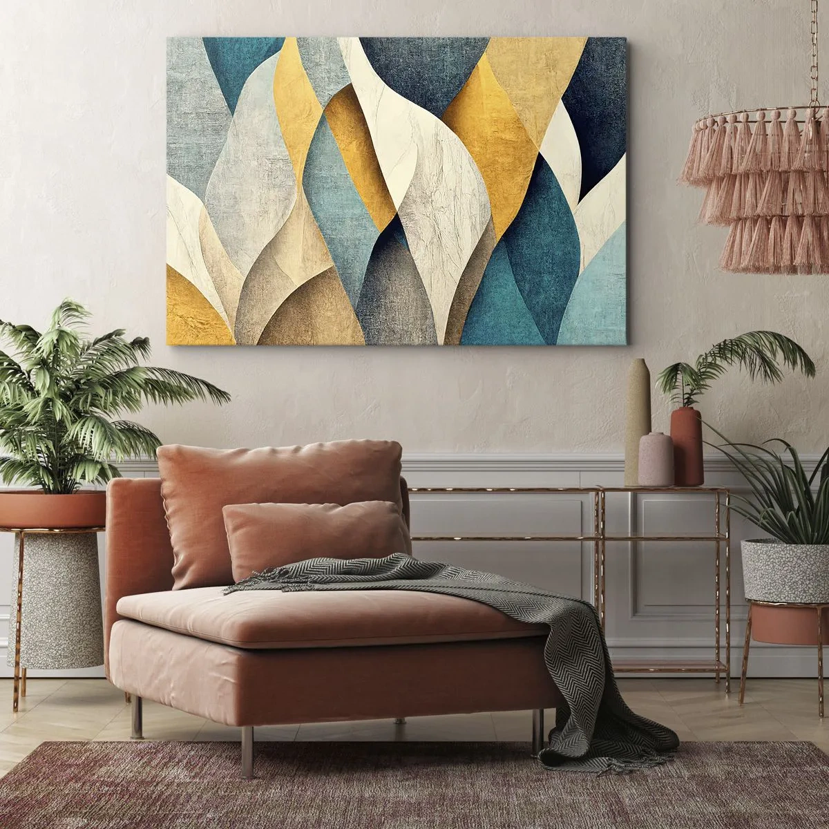 Obraz na plátne - Abstraktné vlny v odtieňoch modrej a zlatej - 70x50cm - Rytmus a vlnenie - Moderná nástenná dekorácia do obývacej izby a spálne ARTTOR
