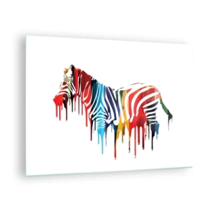 Obraz na skle - Farebná zebra v abstraktnej podobe s efektom kvapkajúcej farby. - 70x50cm - Nielen čierno-biely - Moderná nástenná dekorácia do obývacej izby a spálne ARTTOR