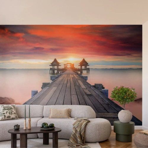 Fototapeta Premium Sand - Západ na východe - Krajina, Drevené mólo, More - 400x280 cm