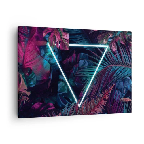 Obraz na plátne - Neónový trojuholník obklopený tropickými listami v tmavých farbách. - 70x50cm - Záhrada v disco štýle - Moderná nástenná dekorácia do obývacej izby a spálne ARTTOR