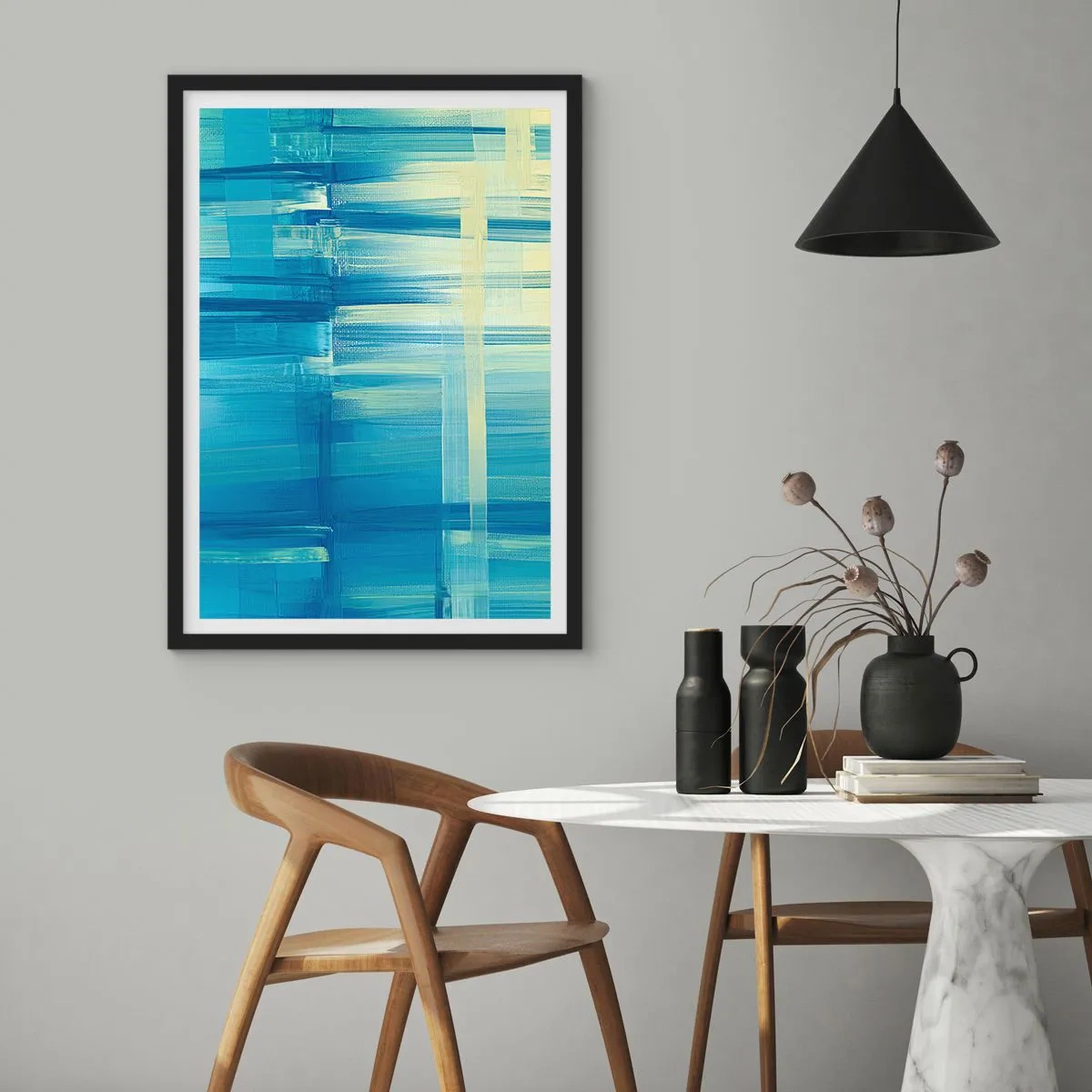 Plagát v čiernom ráme - Abstraktná kompozícia v odtieňoch modrej a žltej - 50x70cm - Kompozícia v tyrkyse - Moderná nástenná dekorácia do obývacej izby a spálne ARTTOR