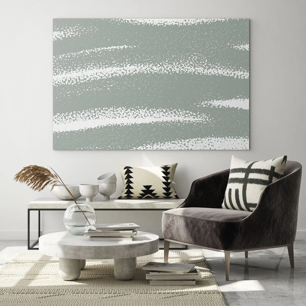 Obraz na skle - Biele pruhy na chladnom zelenom pozadí - 70x50cm - Abstrakcia v zimnom štýle - Moderná nástenná dekorácia do obývacej izby a spálne ARTTOR
