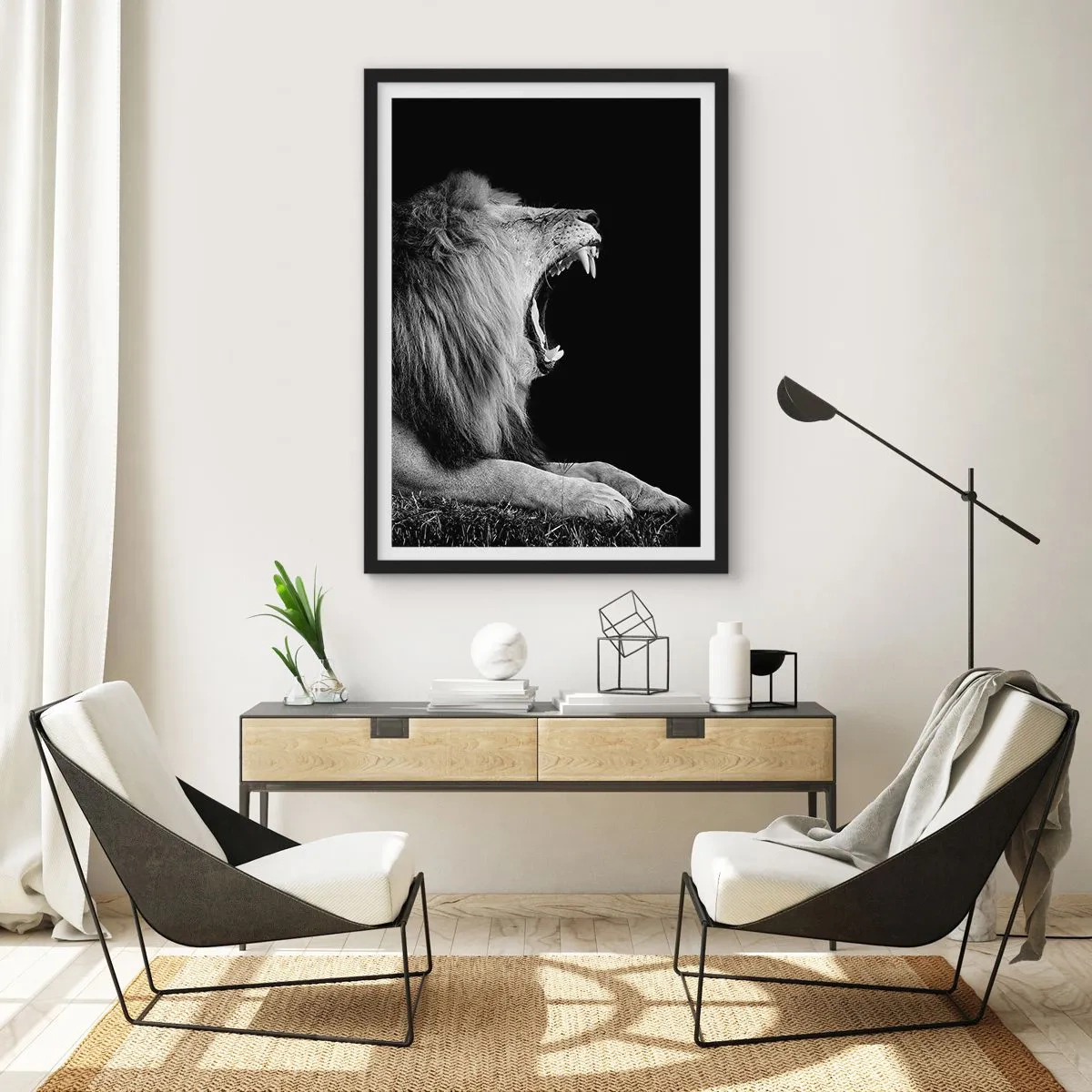Plagát v čiernom ráme - Revúci lev v monochromatickom štýle - 50x70cm - Bez najmenších pochýb - Moderná nástenná dekorácia do obývacej izby a spálne ARTTOR