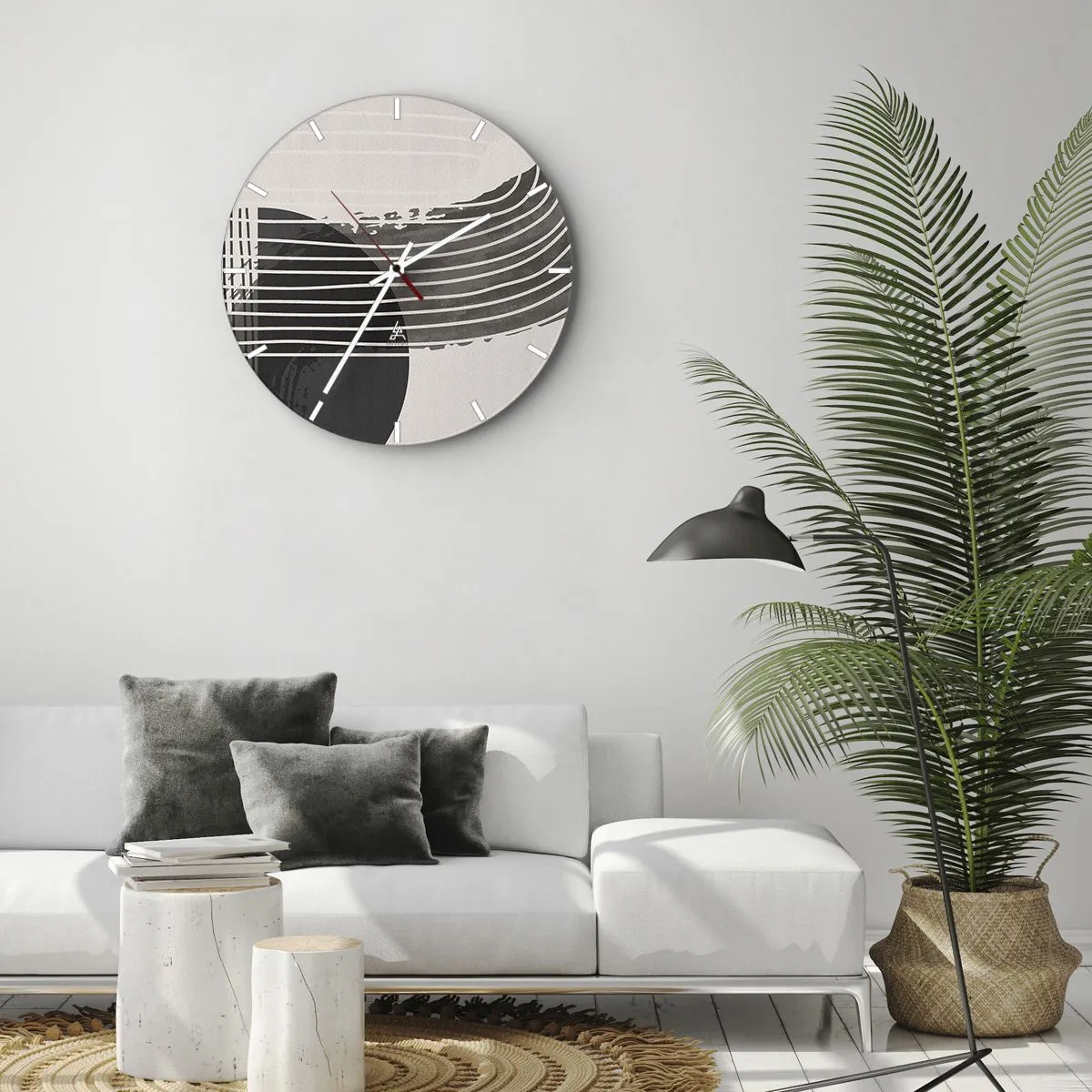 Nástenné hodiny - Geometrická kompozícia s čiarami a polkruhmi v odtieňoch sivej. - 30x30cm - Tam a späť - Moderná nástenná dekorácia do obývacej izby, kuchyne a spálne ARTTOR