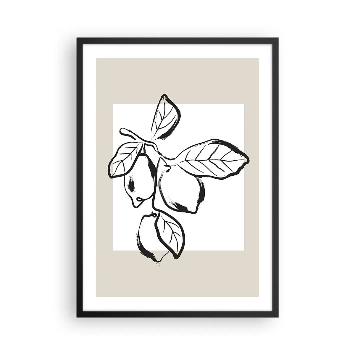 Plagát v čiernom ráme - Minimalistická ilustrácia citrónovej vetvy v čiernobielom štýle. - 50x70cm - Kde citrón dozrieva… - Moderná nástenná dekorácia do obývacej izby a spálne ARTTOR