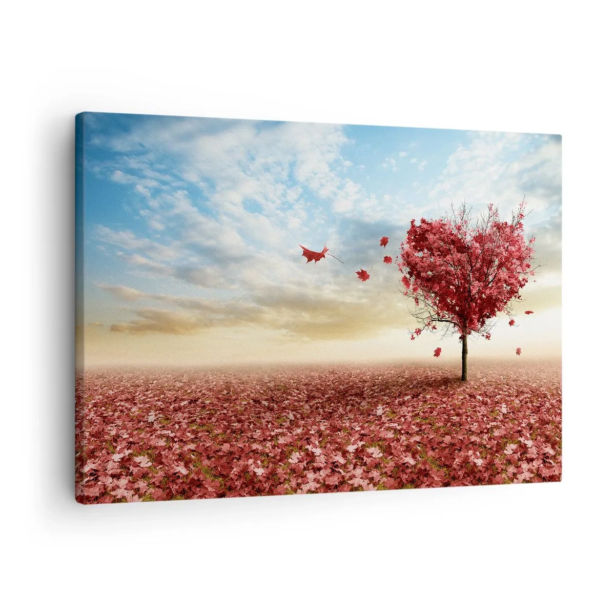 Obraz na plátne - Osamelý strom v tvare srdca v poli červených listov - 70x50cm - Zamilujte si tiež jeseň - Moderná nástenná dekorácia do obývacej izby a spálne ARTTOR