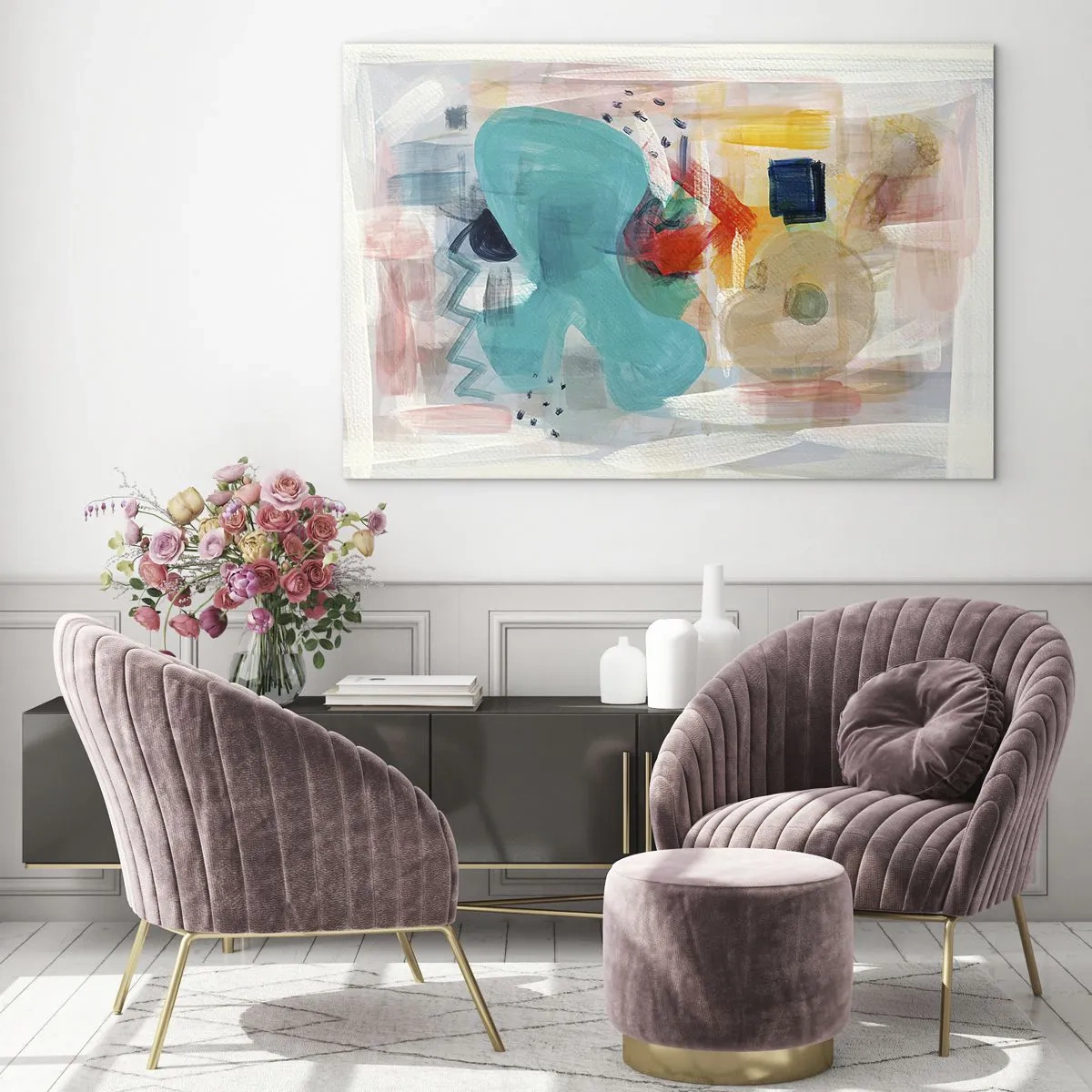 Obraz na skle - Farebná abstrakcia s tyrkysovými, červenými a béžovými prvkami. - 70x50cm - Farebná hra - Moderná nástenná dekorácia do obývacej izby a spálne ARTTOR